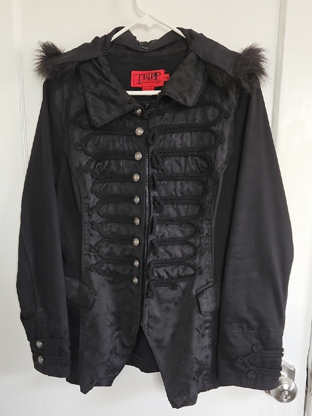 Tripp NYC Black Military-Inspired Hooded Coat with Faux Fur Trim